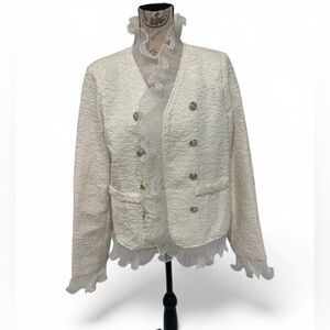 Evafreedom XL White Ruffle Tweed Blazer Jacket Gold Buttons Elegant Classic ✨
